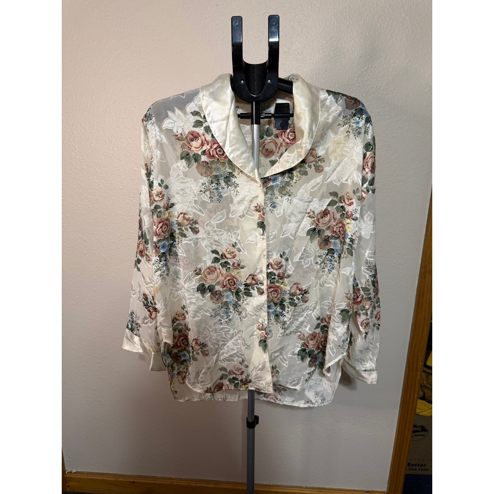 Kathryn Vintage Floral Sheer Pajama Top Cream Satin Trim Button Up Large